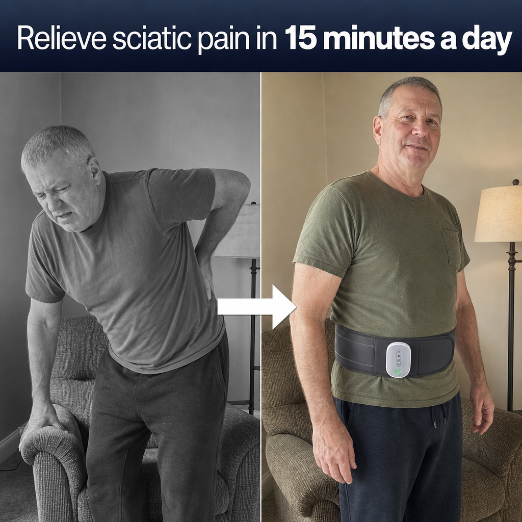 Before-and-after sciatic pain relief with the Daywick Air Fusion Belt