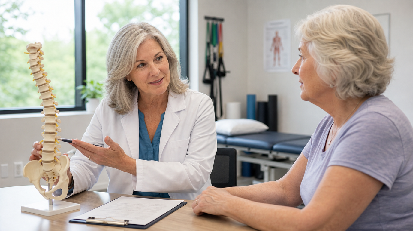 Female physical therapist discussing lower back pain