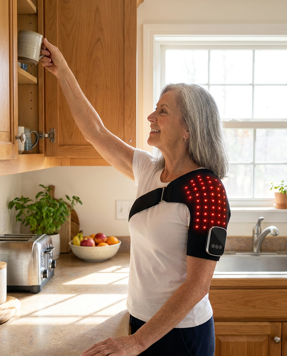 older customer using shoulder therapy at home