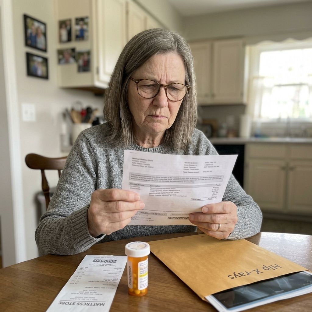 Woman in her 60s reading a medical bill at her kitchen table