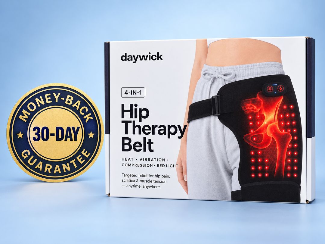 30-day money-back guarantee seal next to the Daywick belt box