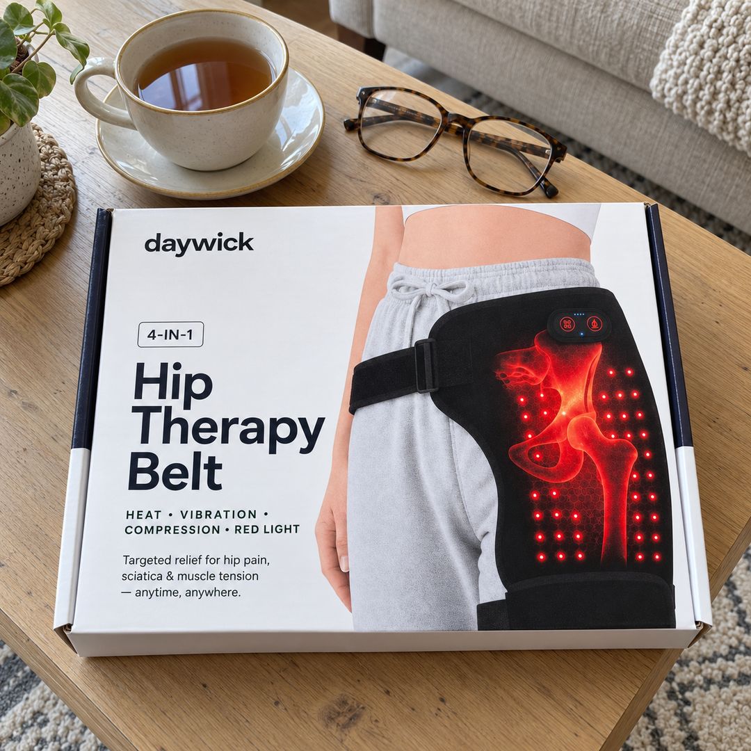 The Daywick belt box on a coffee table next to a cup of tea