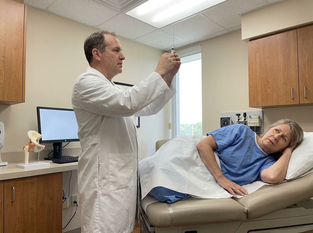 A doctor preparing a cortisone injection while a woman lies on her side on the exam table