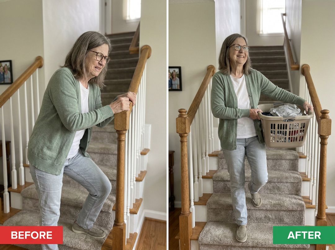 Before: climbing the stairs one step at a time, gripping the rail. After: carrying laundry down the stairs with ease