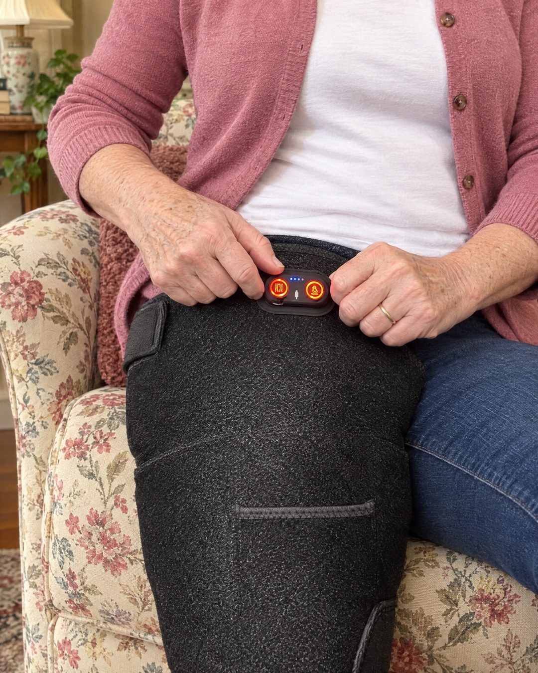 Pressing the glowing controller on the 4-in-1 Hip Therapy Belt