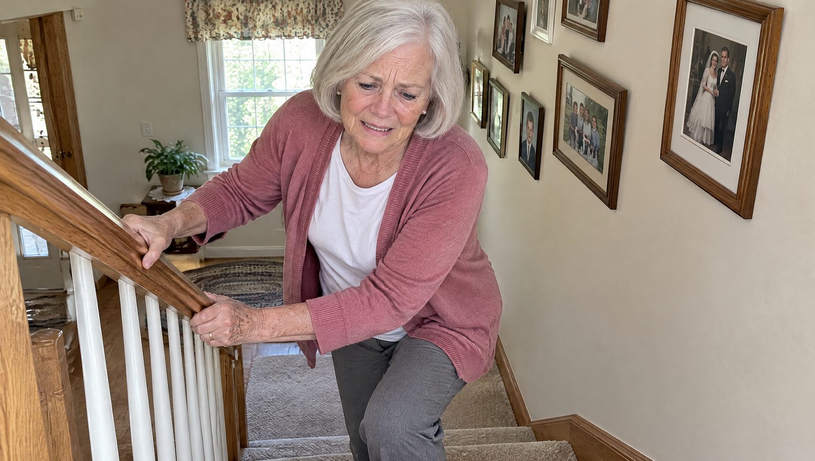 Older woman gripping the stair handrail as her hip starts to give way