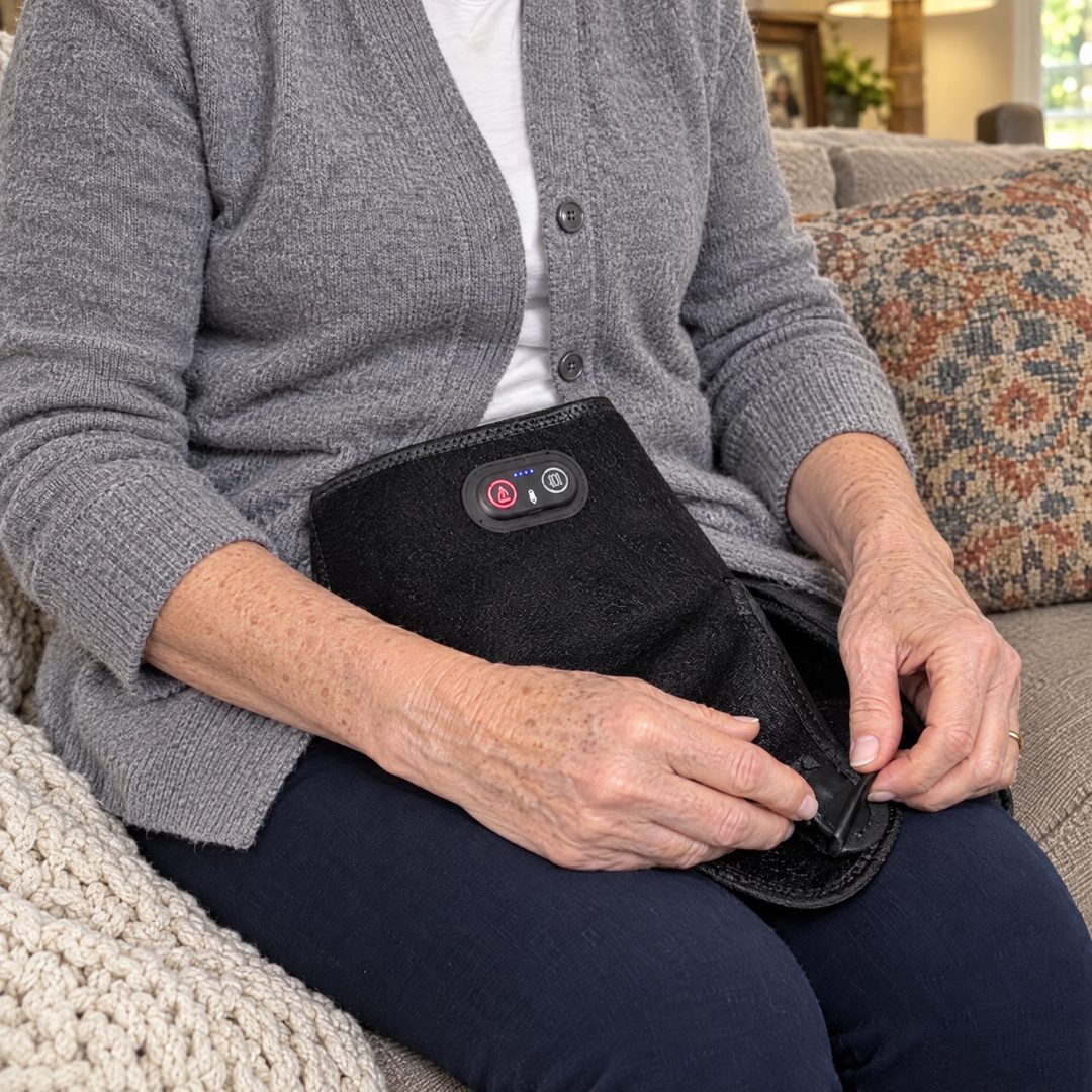 Older woman fastening the 4-in-1 Hip Therapy Belt on the couch