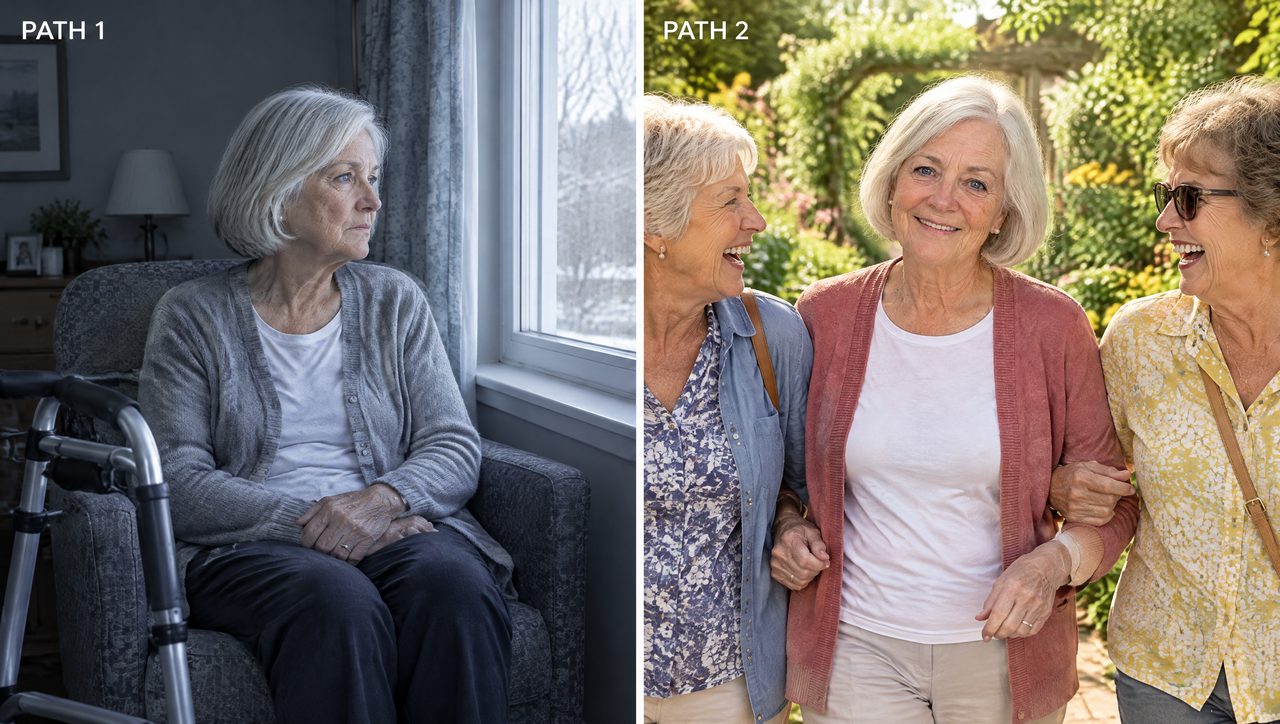 Path 1: alone in a chair with a walker. Path 2: walking outdoors with friends