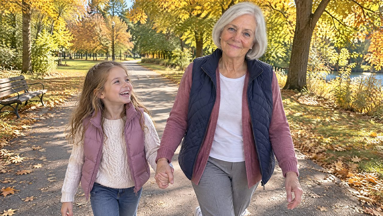 Older woman walking in the park holding hands with her granddaughter
