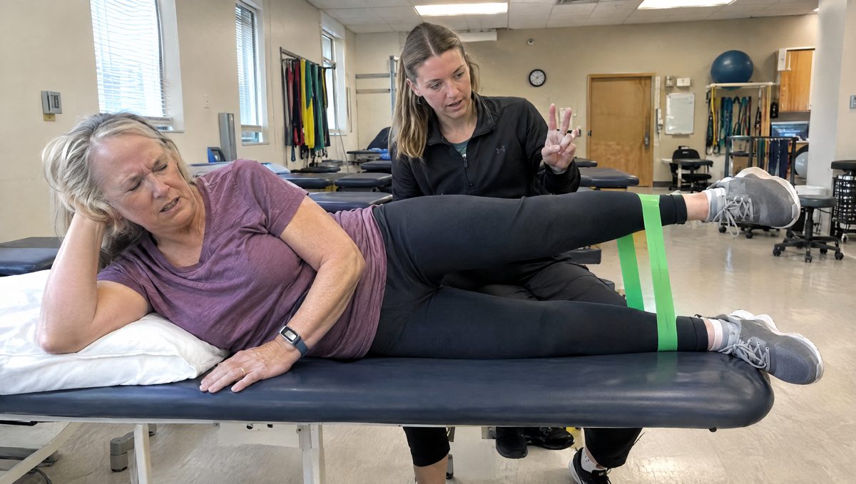 Woman doing hip exercises at physical therapy