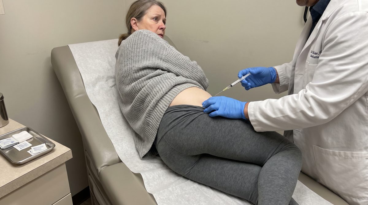 Cortisone injection being prepared at the hip