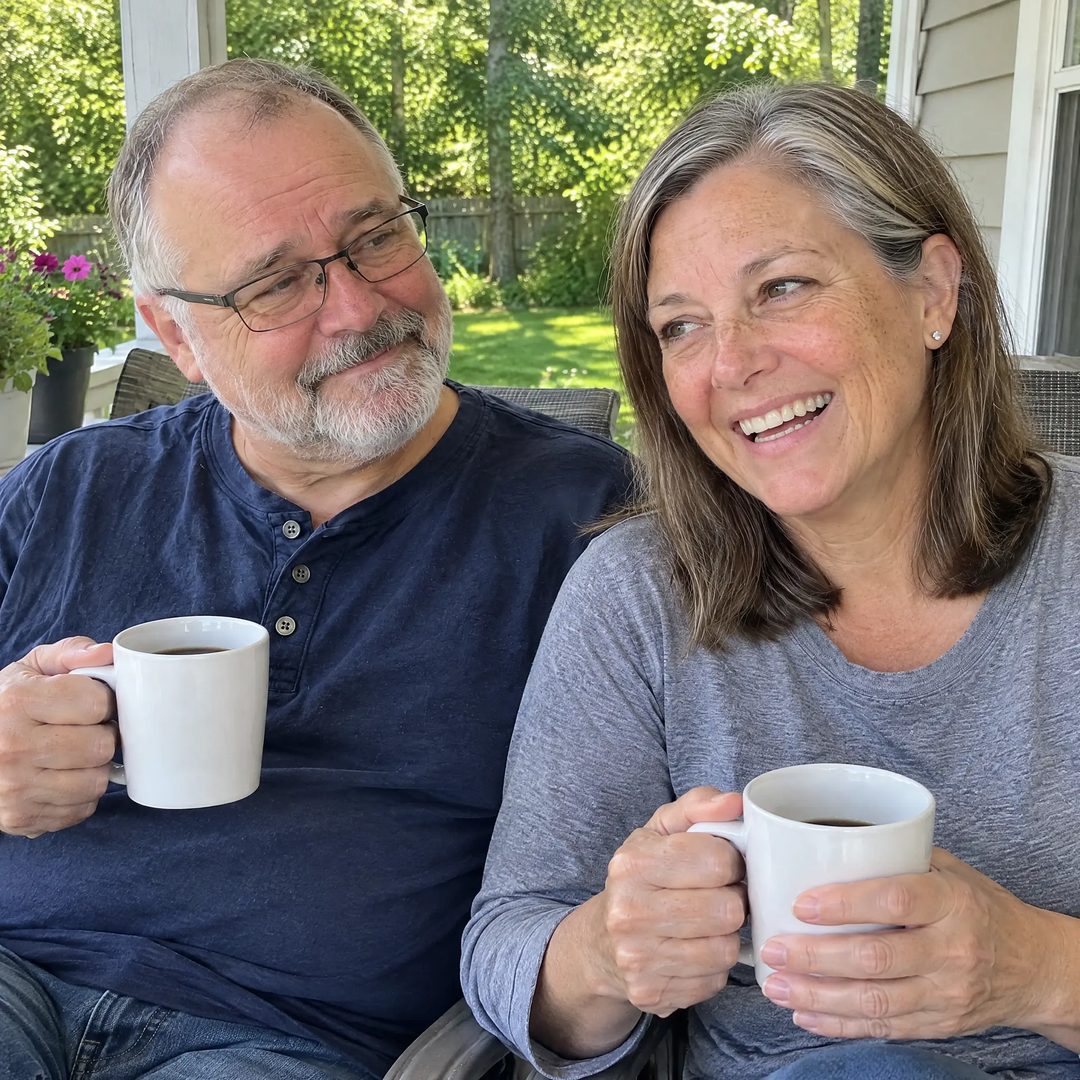 Linda and Tom having coffee on the porch in the morning