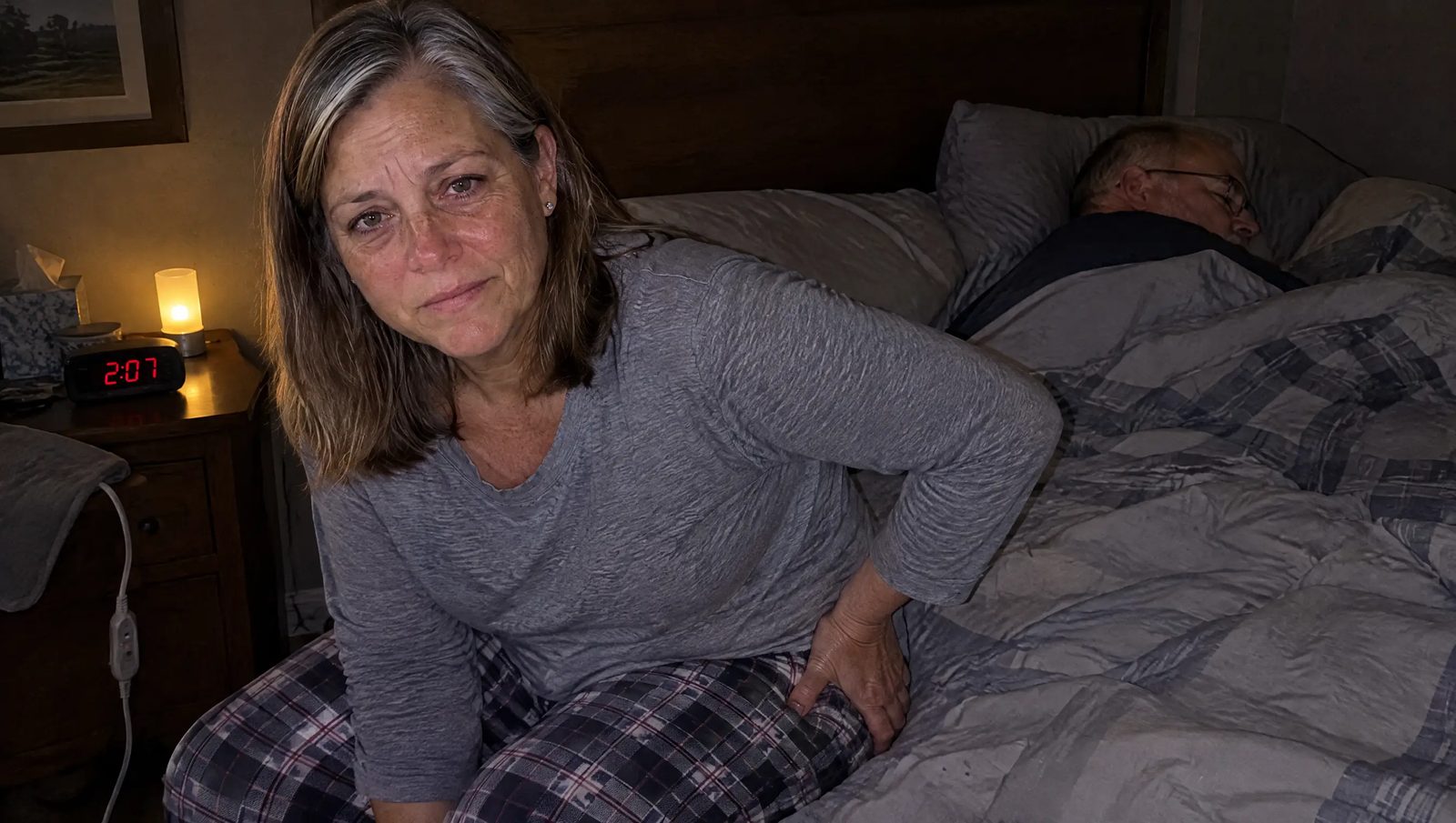 Woman sitting on the edge of her bed at 2 AM holding her hip while her husband sleeps
