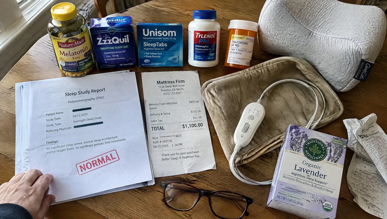 Sleep aids, a trazodone bottle, a sleep study marked normal and an $1,100 mattress receipt on a kitchen table