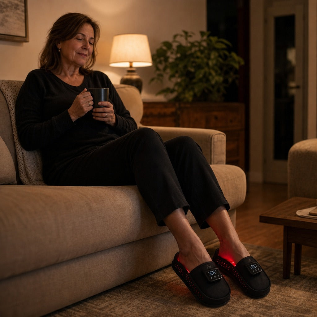 Woman relaxing with RedStep therapy slippers