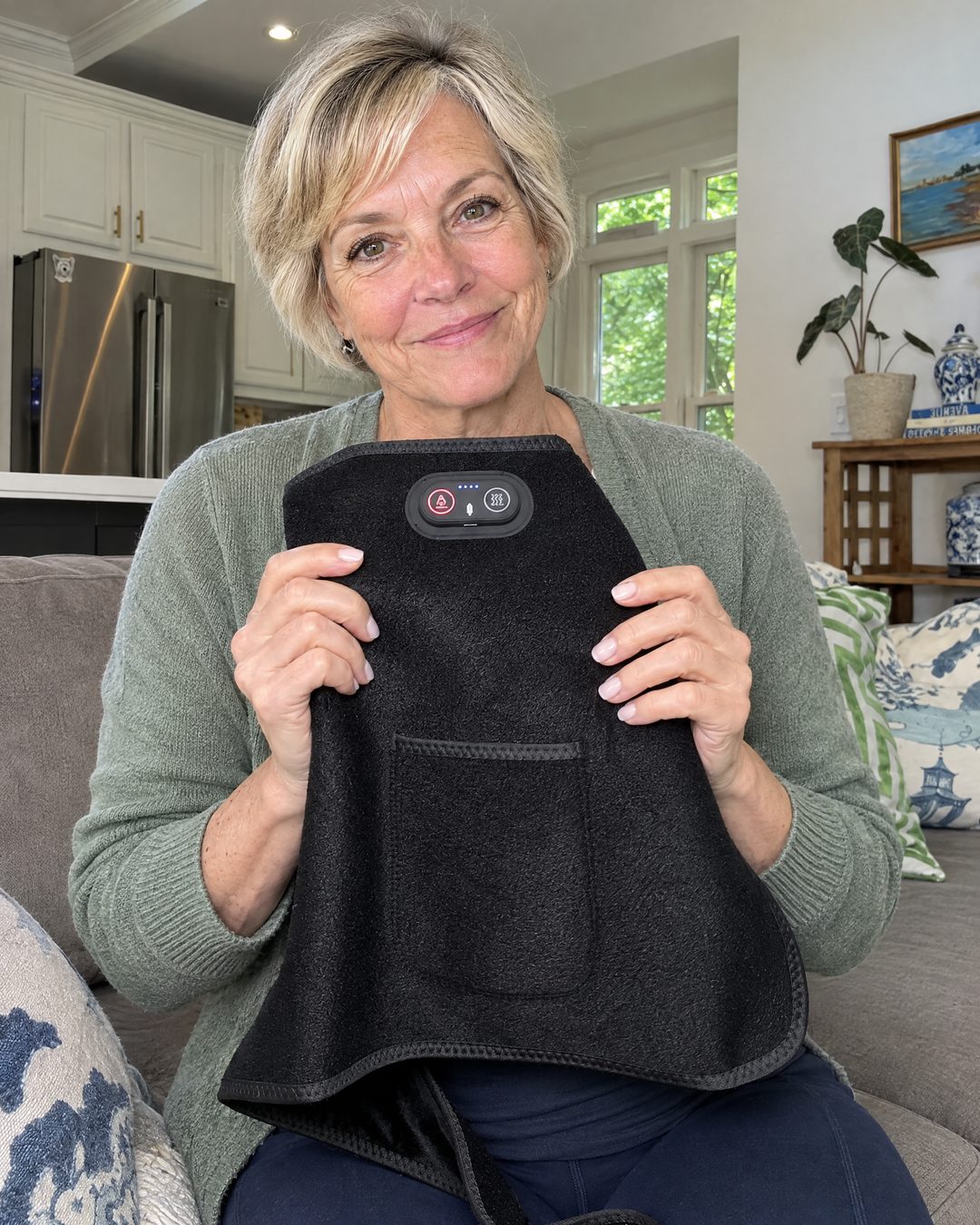 Woman holding the 4-in-1 Hip Therapy Belt up in both hands