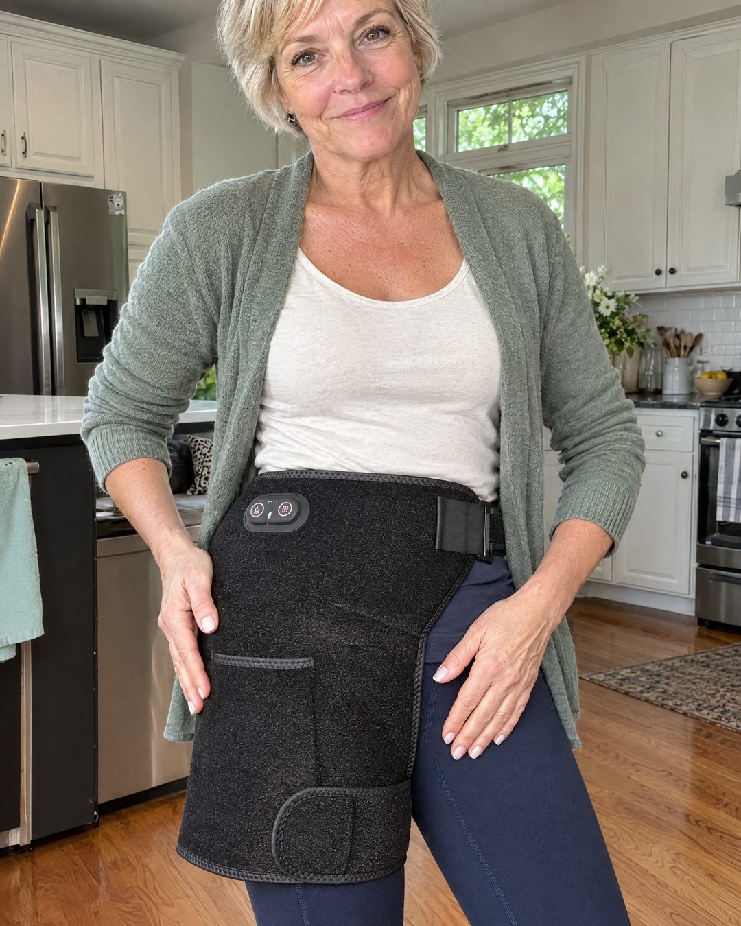 The 4-in-1 Hip Therapy Belt worn correctly around the hip and upper thigh