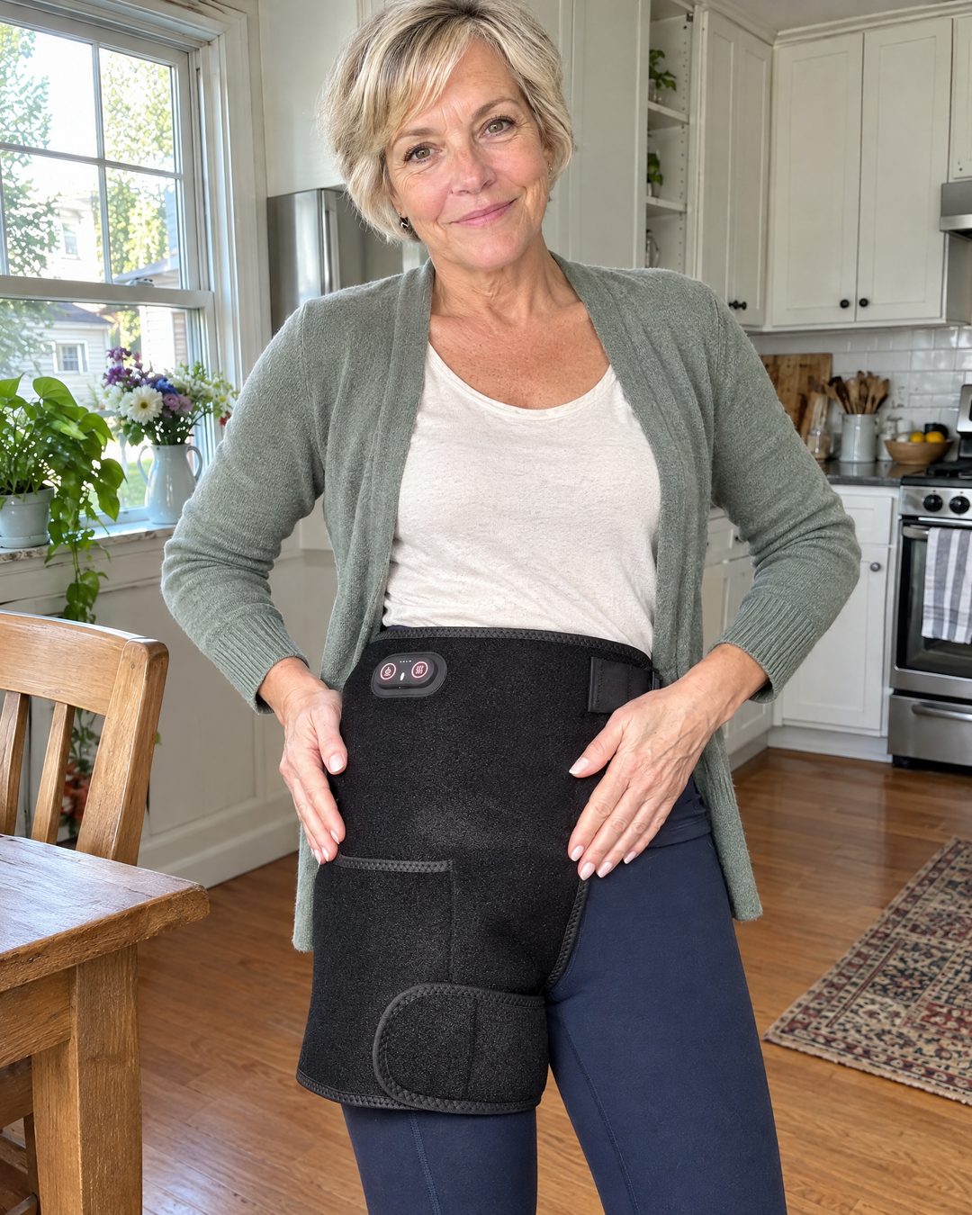 Woman standing in her kitchen wearing the 4-in-1 Hip Therapy Belt