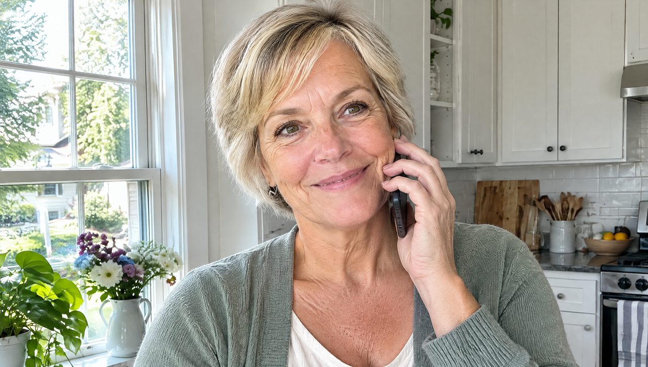 Older woman smiling by a window with a phone to her ear