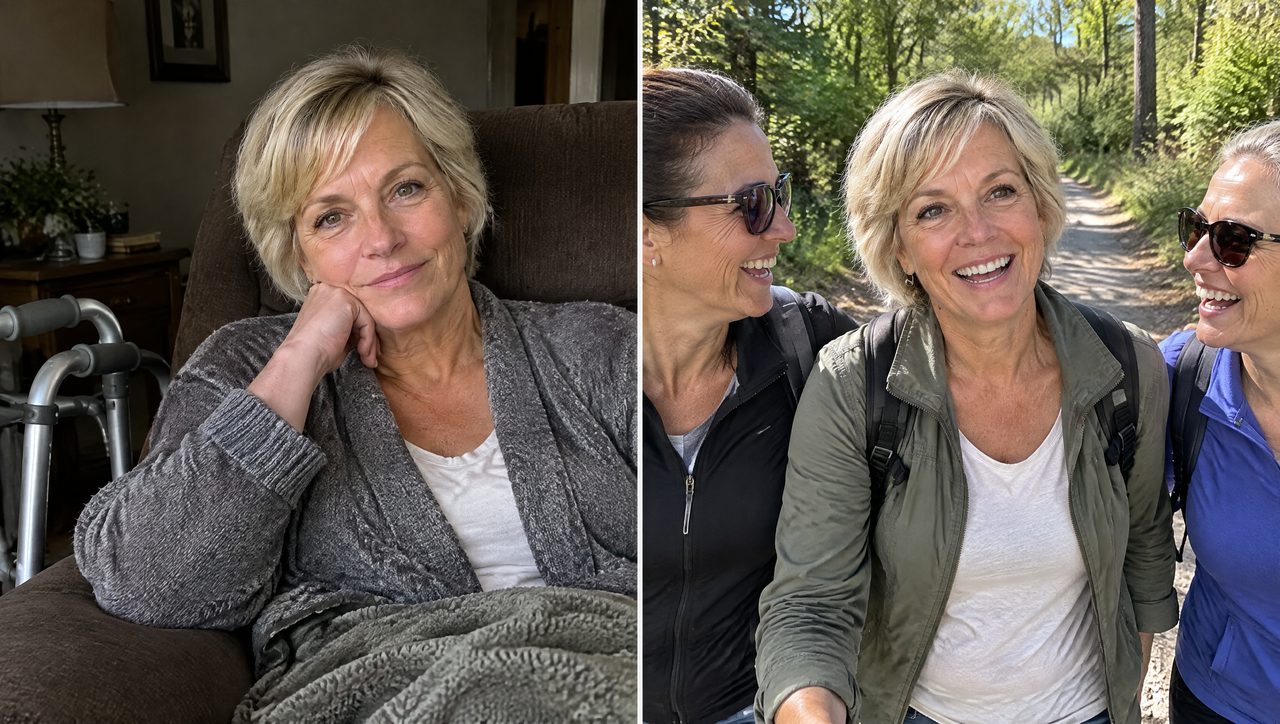 Path 1: alone in a recliner with a walker. Path 2: walking outdoors with friends