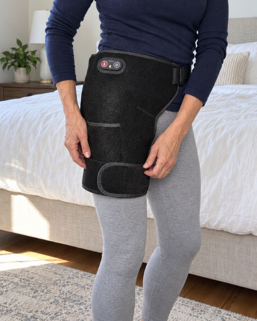 Pressing the velcro thigh cuff of the hip belt snug