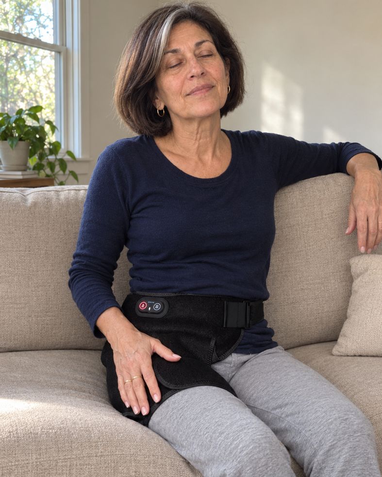 Relaxing on the sofa while wearing the hip belt