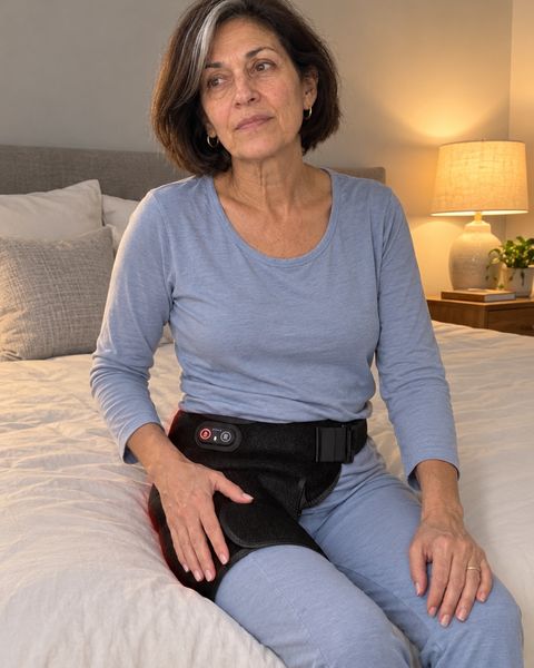 Sitting on the edge of the bed in the evening wearing the hip belt