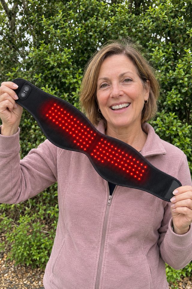 Woman in her garden holding up the jaw wrap