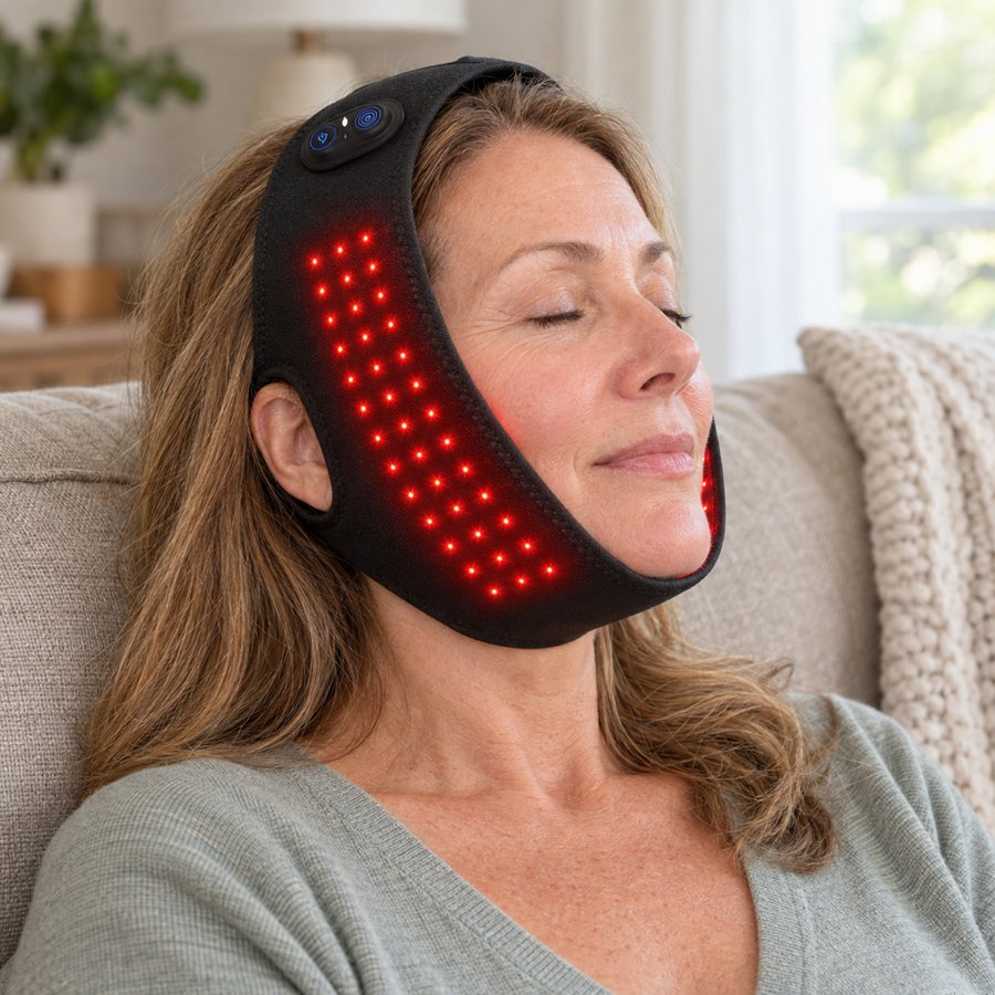 Woman relaxing on her sofa wearing the Daywick TMJ Therapy Wrap with its red lights glowing