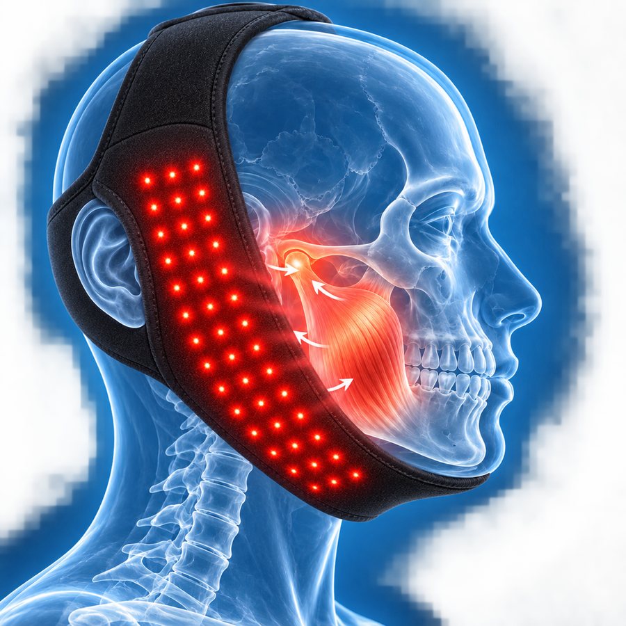 3D illustration of red light reaching the jaw muscle and jaw joint