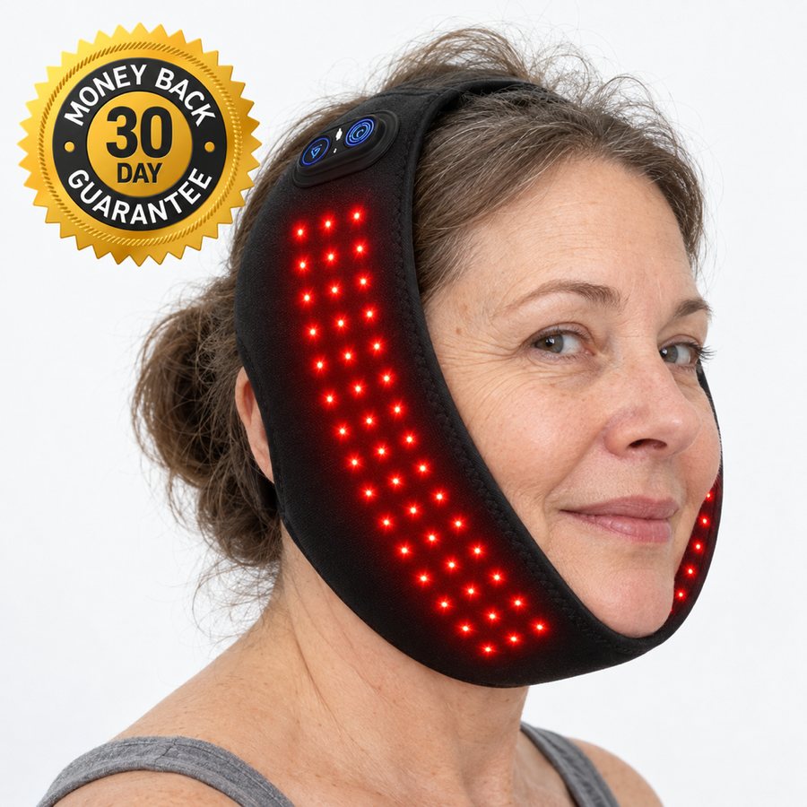 Woman wearing the jaw wrap with a 30-day money-back guarantee seal