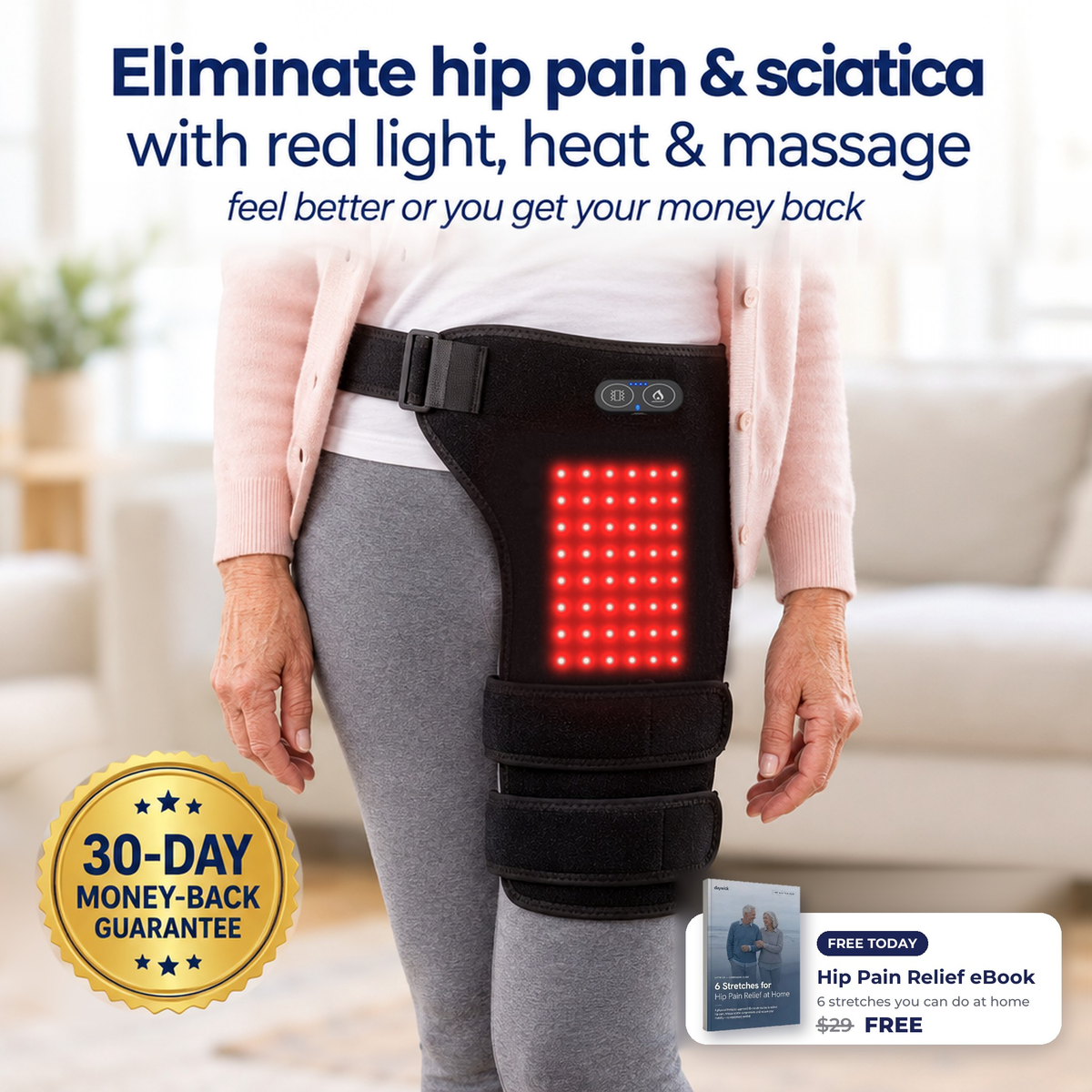 4-in-1 Hip Therapy Belt with red light, heat and massage: eliminate hip pain and sciatica, 30-day money-back guarantee