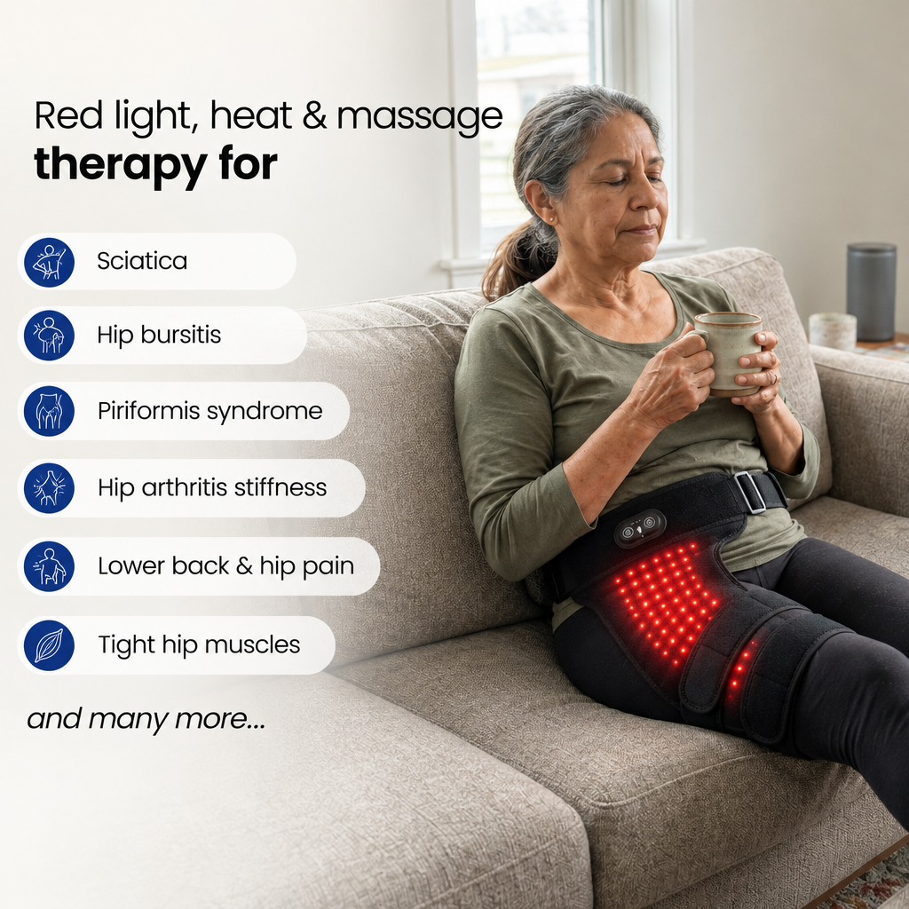 Red light, heat and massage therapy for sciatica, hip bursitis, piriformis syndrome, hip arthritis stiffness and lower back pain