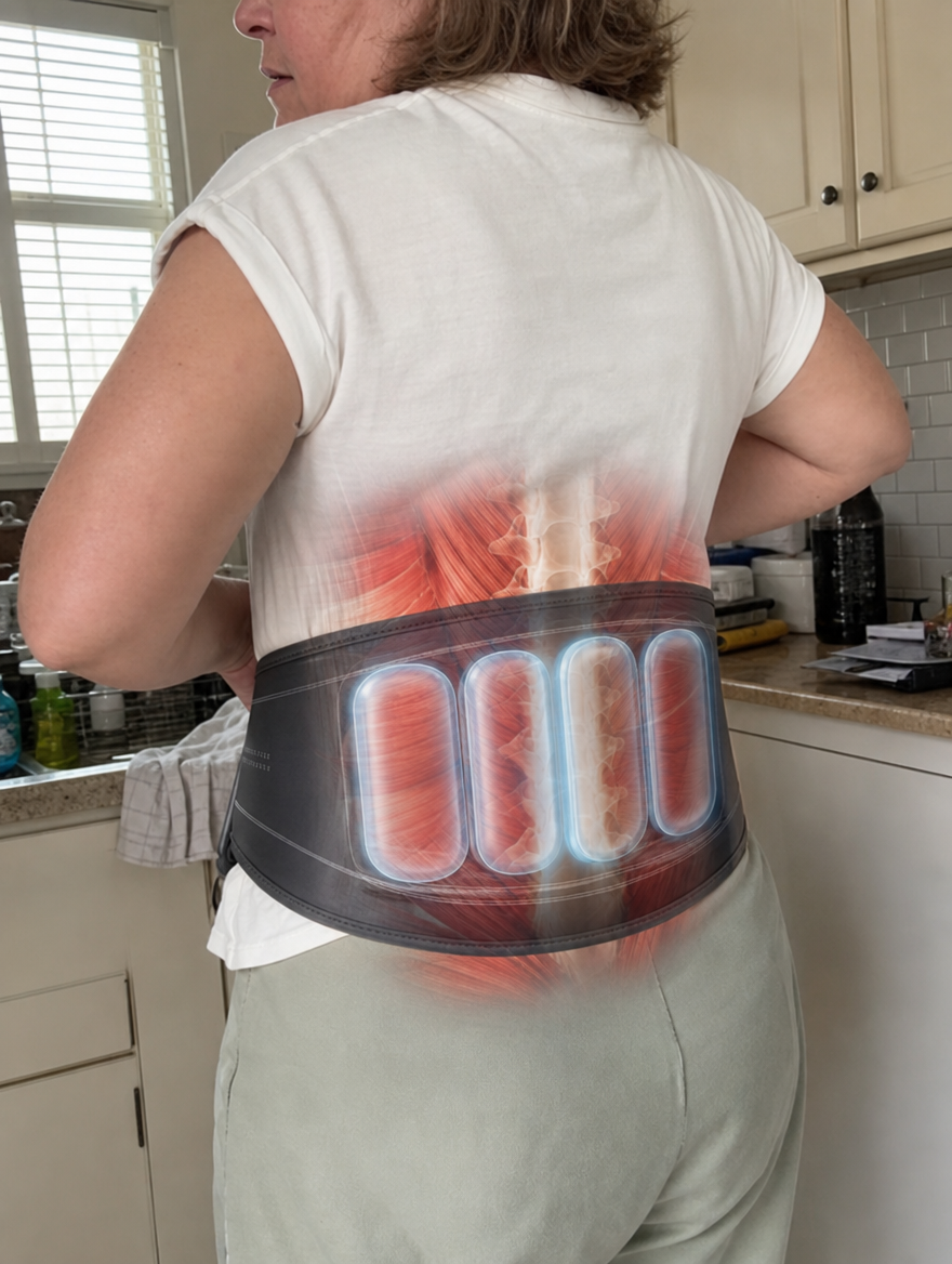 Four inflated air chambers positioned across tense lumbar muscles