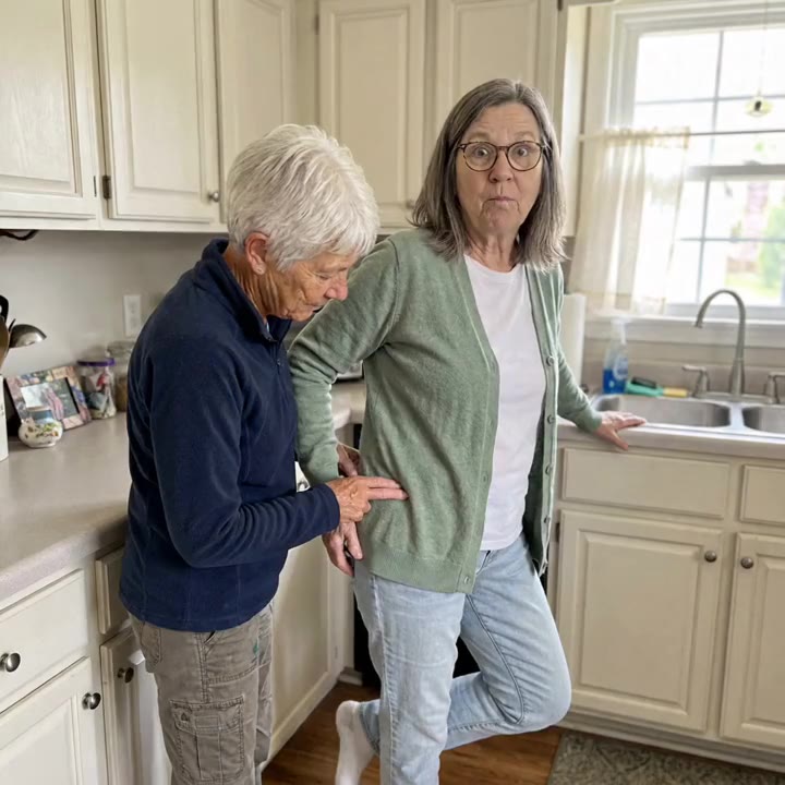 A friend pressing the bony point on the outside of her hip while she stands on one leg