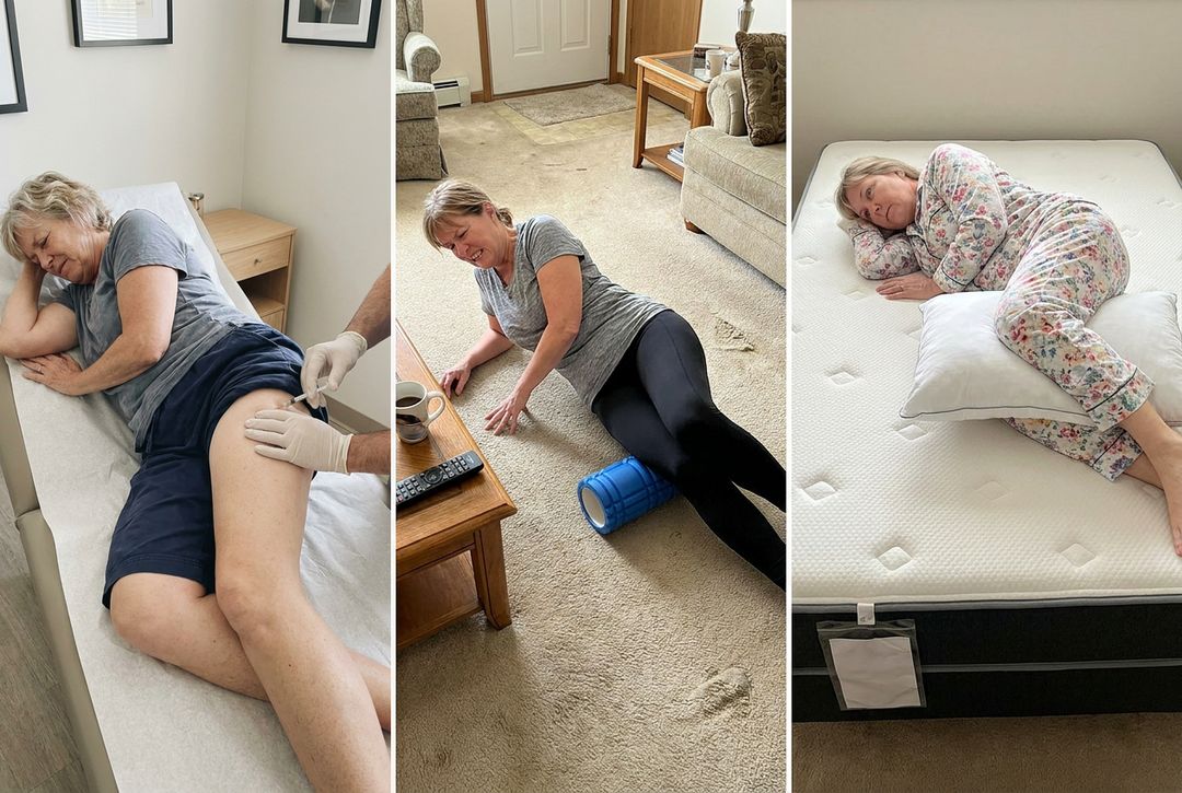 A cortisone shot into the side of the hip, foam rolling the outer thigh, and lying awake on a new mattress