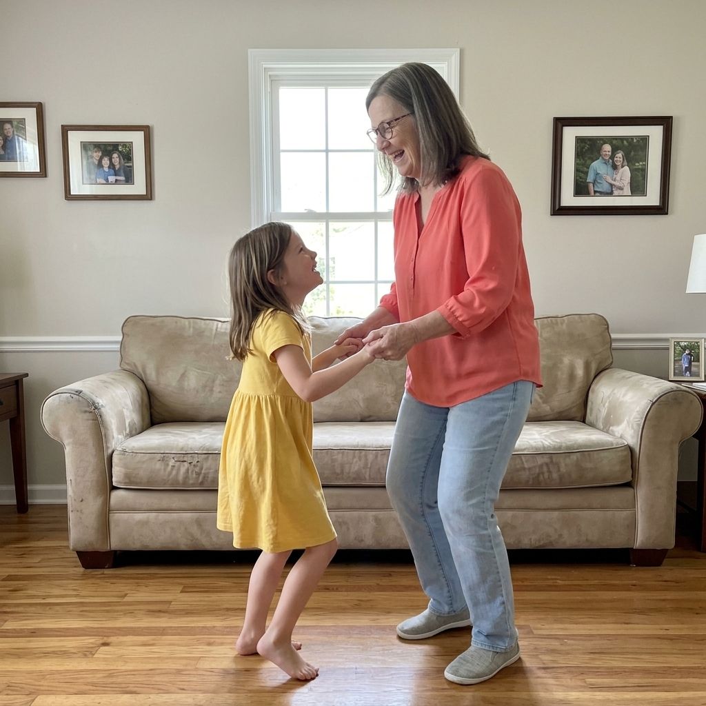 Grandmother dancing with her granddaughter in the living room