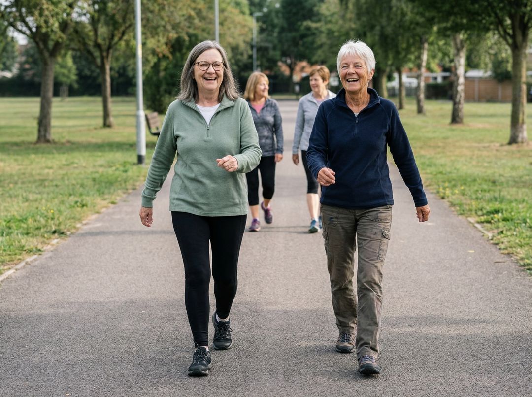 Two friends in their 60s walking briskly in the park