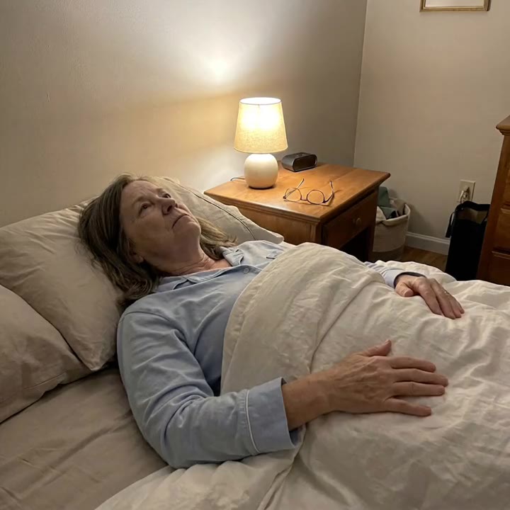 Woman in her 60s lying awake on her back in bed at night, her hand on the side of her hip