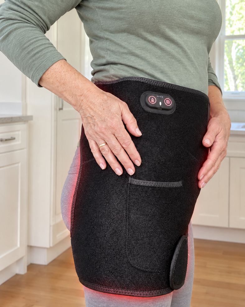 The 4-in-1 Hip Therapy Belt worn on the outside of the hip, over the bony point