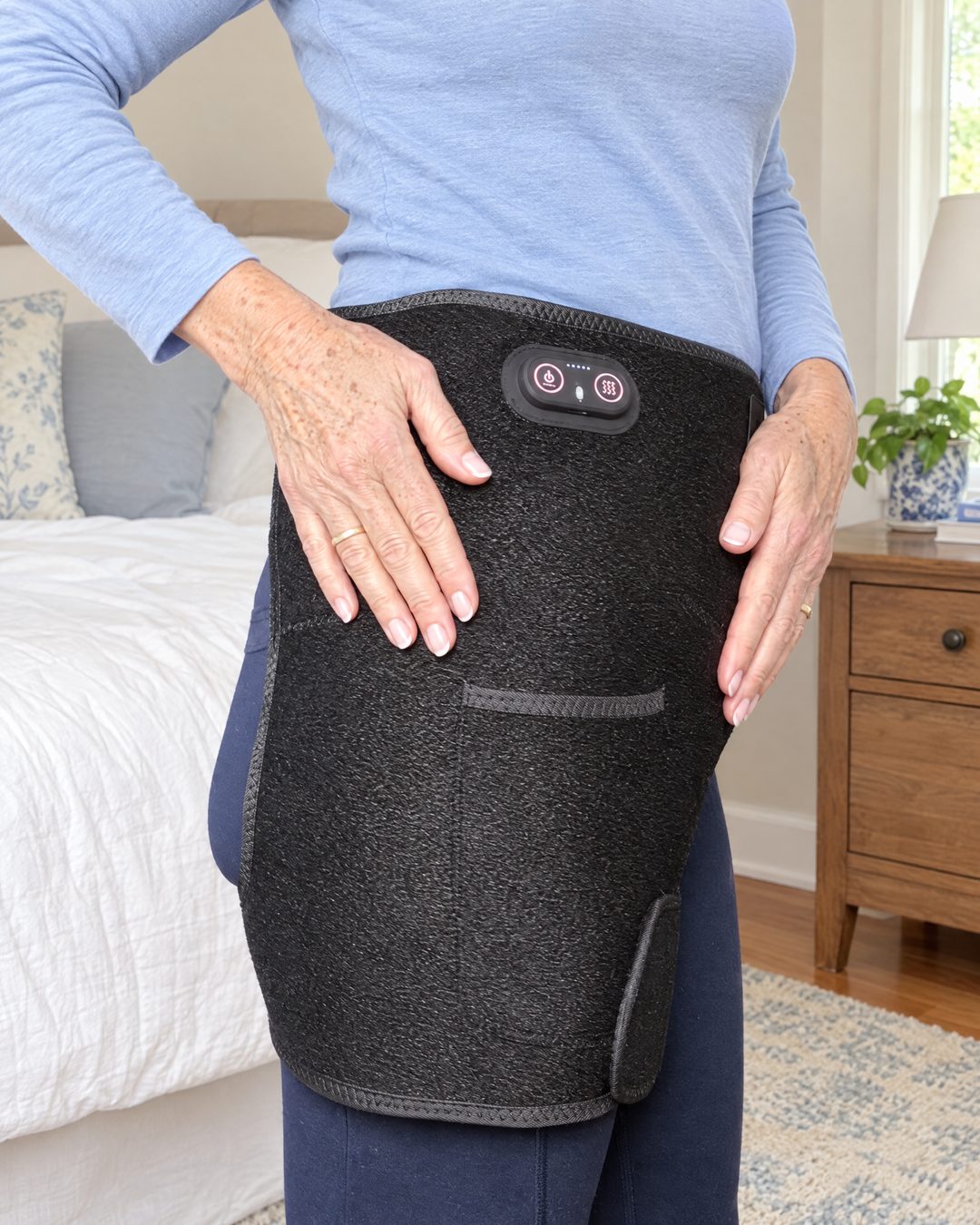 The 4-in-1 Hip Therapy Belt worn correctly around the hip and upper thigh
