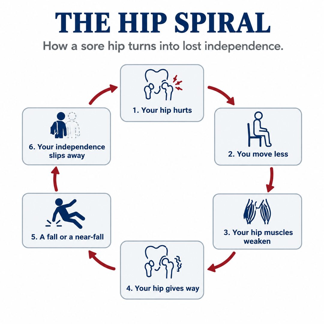 The hip spiral: your hip hurts, you move less, your hip muscles weaken, your hip gives way, a fall or a near-fall, your independence slips away