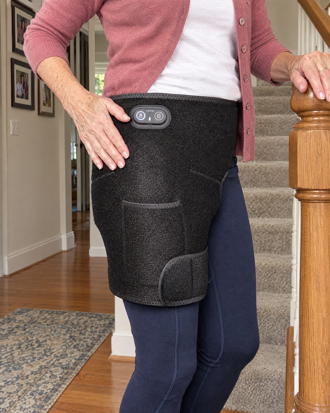 The 4-in-1 Hip Therapy Belt worn around the hip and upper thigh at the foot of the stairs