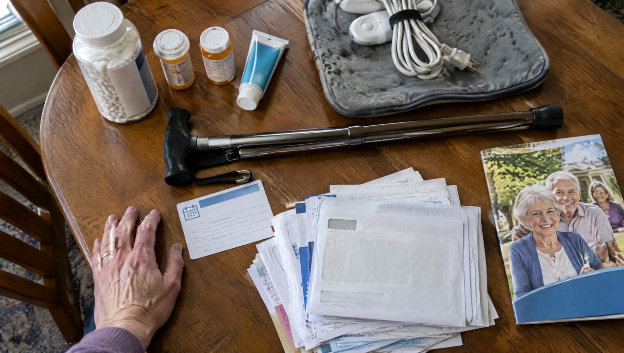 Pain pills, a folded cane, medical bills and an assisted living brochure on a kitchen table