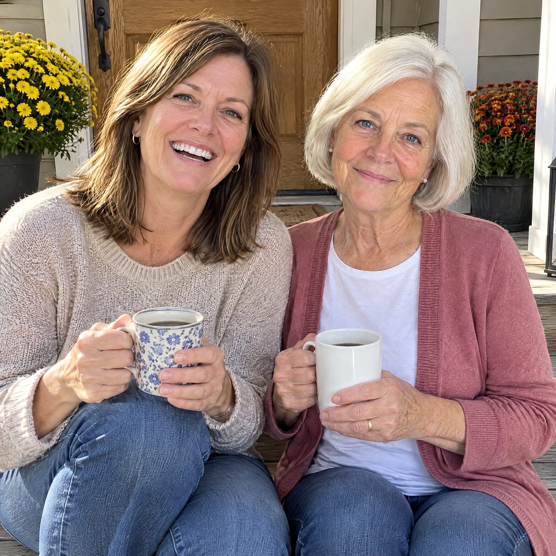 Carol and her daughter laughing over coffee on the front porch steps