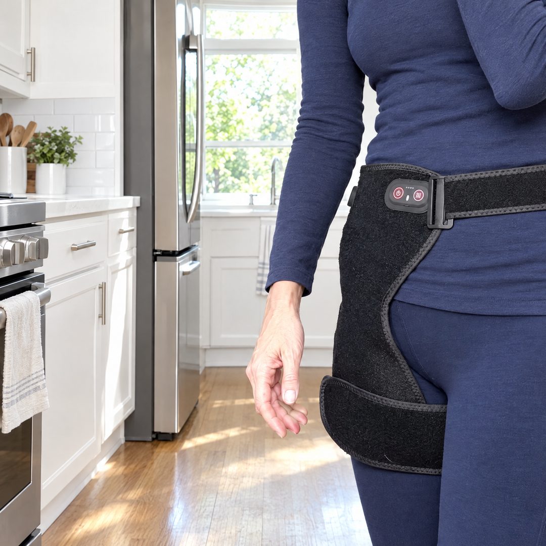 The 4-in-1 Hip Therapy Belt worn while walking around the kitchen