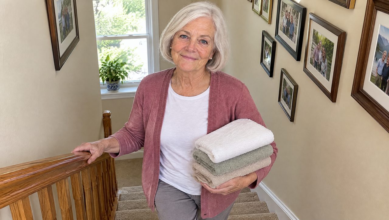 Older woman climbing her stairs with a stack of towels, one hand resting lightly on the rail