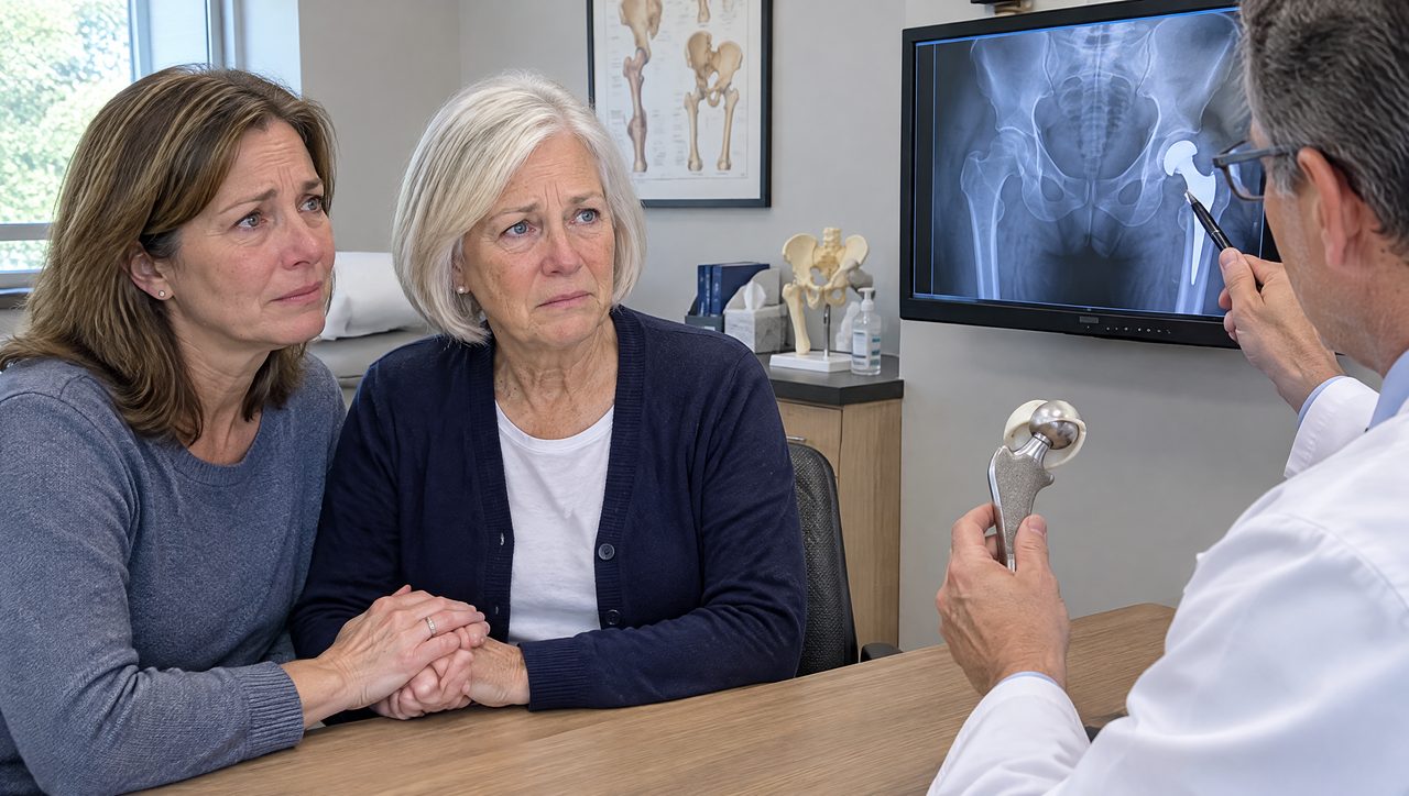 Surgeon holding a hip replacement implant in front of an older woman and her daughter