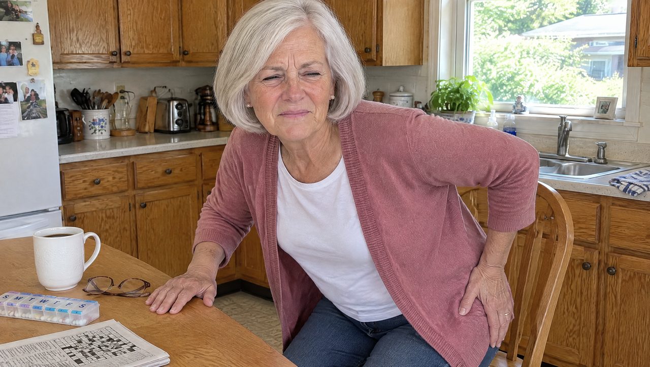 Older woman bracing on the kitchen table as her hip catches while she tries to stand