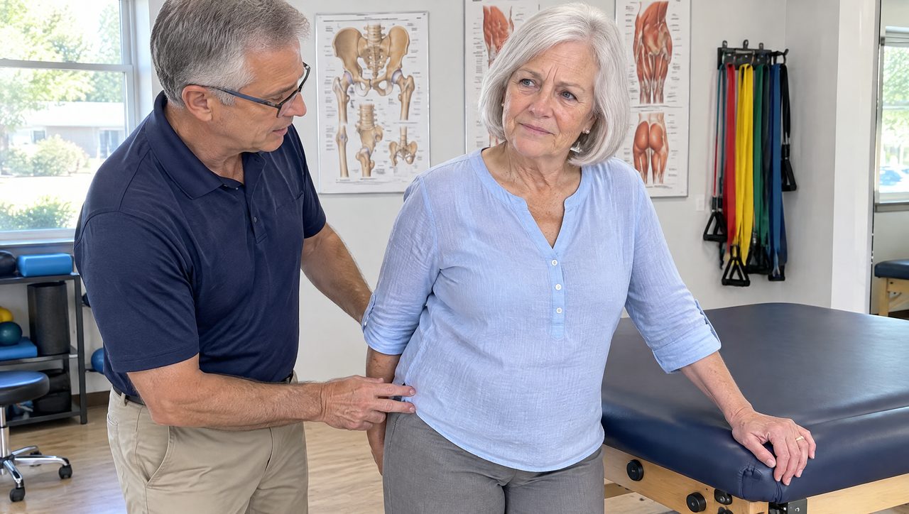 Physical therapist pressing on the outer hip of an older woman patient